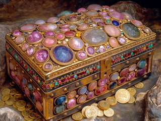 Wall Mural - A gold and silver box with many colorful gems and coins. The box is very ornate and has a lot of detail