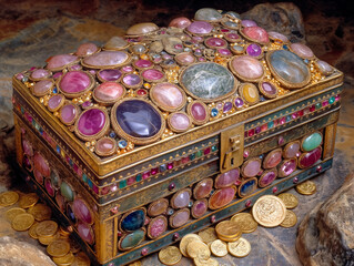 Wall Mural - A gold box with many jewels and coins inside. The box is very colorful and has a lot of different colored jewels