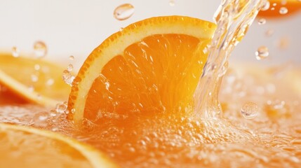 A vibrant orange slice with water splashing around it, suggesting a fresh and juicy citrus fruit being washed or dropped into liquid.