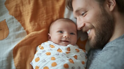 Wall Mural - close-up of happy father holding newborn baby in bed, smiling at camera with grey t-shirt, baby wrapped in swaddling blanket, natural light and warm colors