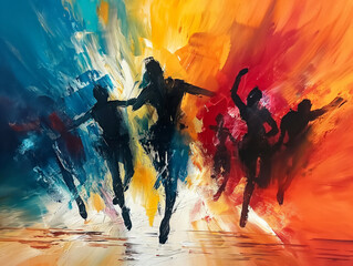 Sticker - A painting of people dancing with a splash of color. The painting is full of energy and movement, with the people jumping and dancing in the air. The colors used in the painting are bright and vibrant