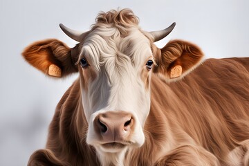 A graceful brown swiss cow with a smooth coat and soft eyes standing on a white background, AI Generated