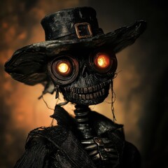 Poster - a spooky skeleton wearing a hat and glowing eyes in a dark setting