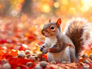 Wall Mural - Squirrel Gathering Autumn Acorns on Fallen Leaves in Vibrant Nature Scenery