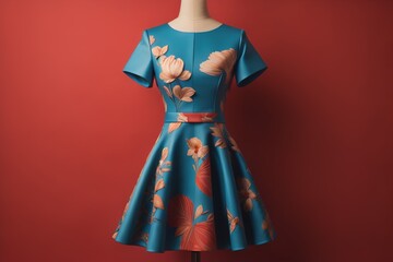 Fashionable blue dress on a mannequin on a red background. generative ai