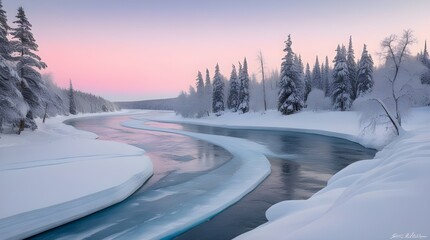 A serene winter landscape with a meandering frozen river, its glacial surface glistening in the soft, warm light of dawn, cutting through a dense snow-covered forest of towering evergreen trees, their