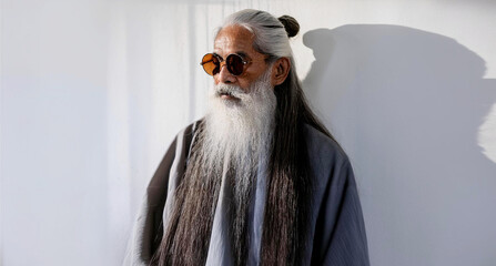 Wall Mural - An elderly Asian man with a long beard, wearing round sunglasses and a white kimono.