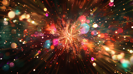 Poster - Vibrant colorful sparkles emanating from the center of an abstract black background