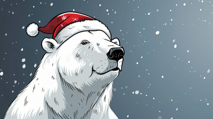 Poster - Hopeful polar bear with a santa hat gazes up at the falling snow