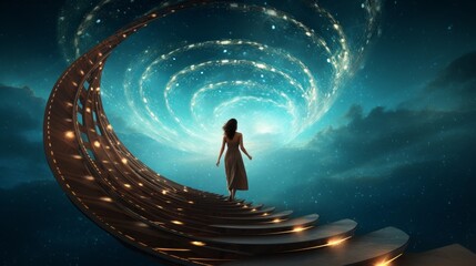 Wall Mural - Woman Walking Towards a Cosmic Spiral: A Journey of Self-Discovery