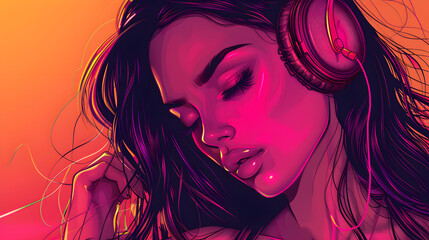 Vector illustration, portrait of a beautiful young girl in headphones, who closed her eyes in pleasure, on a bright isolated background. Music channels or music charts screensaver concept