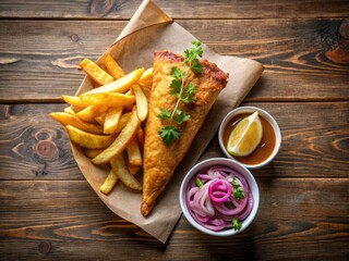 Wall Mural - Crisp, golden-brown fish and chips served in a paper cone, with a side of tangy malt vinegar and crunchy pickled onions, captured in a playful