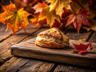 Wall Mural - A single cinnamon scone perched on the edge of a distressed wooden bench, with a few autumn leaves scattered around it, and a soft, diffused light casting a warm glow.