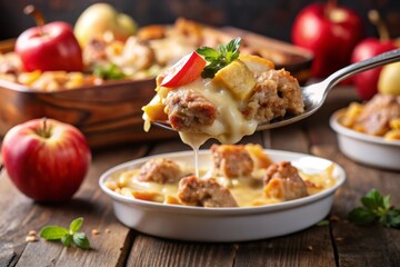 Wall Mural - A forkful of the casserole, with the tender pork and crunchy apple pieces suspended in mid-air, and a hint of creamy sauce in the background.