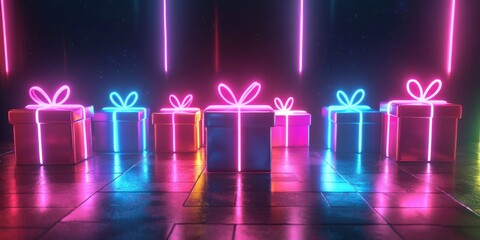 Neon gift boxes glowing on stage with vertical glowsticks