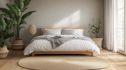 Wall Mural - A Scandinavian bedroom featuring a light wood bed frame, white and gray bedding, and a large jute rug on a hardwood floor