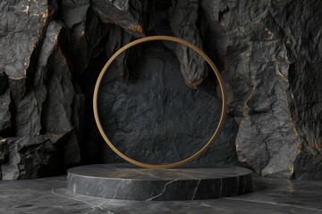 Aufkleber - Black Marble Platform with Gold Circle and Rock Background