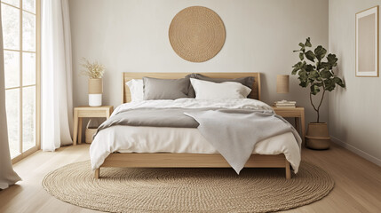 A Scandinavian bedroom featuring a light wood bed frame, white and gray bedding, and a large jute rug on a hardwood floor