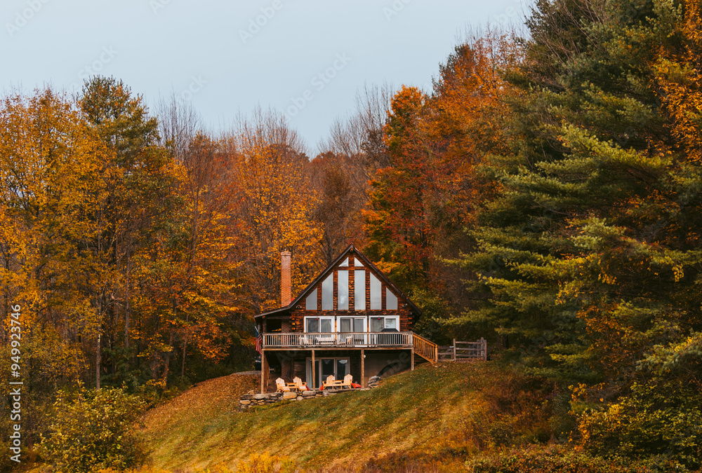 Cabin in the Woods Cloudy Day in Autumn in New England. Fall Foliage ...