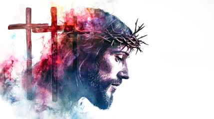 A striking depiction of Jesus in profile adorned with a crown of thorns and three crosses, symbolizing his sacrifice and deep spiritual significance