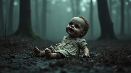 Wall Mural - Creepy baby doll in a dark and foggy forest setting