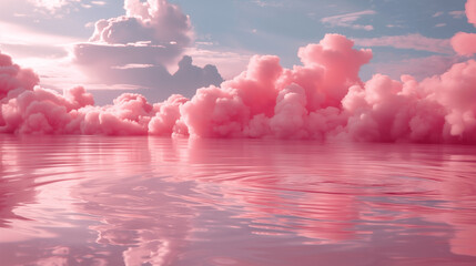 Dreamy pink clouds reflecting on calm water at sunset