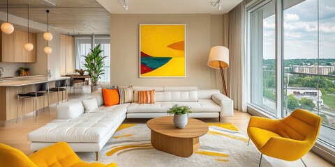 An airy, modern living room with an open floor plan, beige walls, floor-to-ceiling windows overlooking nature, white sectional sofa with yellow and orange accent pillows, yellow accent chair, wooden