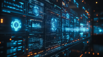  - A computer screen with many blue and orange squares. The squares are all different sizes and colors. Concept of technology and complexity