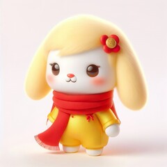 Wall Mural - a cute 3d fluffy Vietnamese style yellow rabbit teddy bear character with red scarf