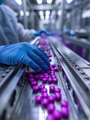 Wall Mural - Technicians in Protective Gear Working on a Pharmaceutical Production Line Sorting Purple Pills.