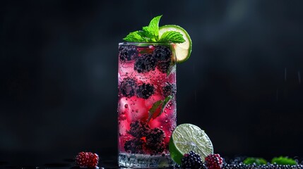 Wall Mural - Blackberry and Lime Cocktail with Mint Garnish in Tall Glass