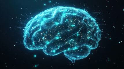 Poster - Abstract Digital Brain with Blue and Gold Glowing Lights - AI, Technology, Network Concept