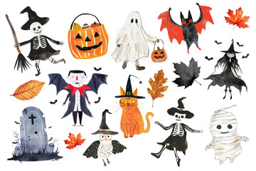 Sticker - PNG cute Halloween characters illustration design element set, transparent background