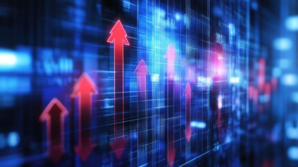 Poster - Business strategy growth chart with an up arrow graph, highlighting financial success and investment gains on a digital background.