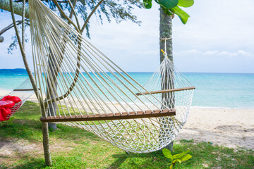 Wall Mural - White cradle hold with palm tree on sea beach