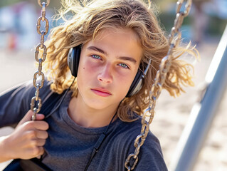 Wall Mural - A young man with long hair is wearing headphones and sitting on a swing. He looks bored and uninterested in his surroundings