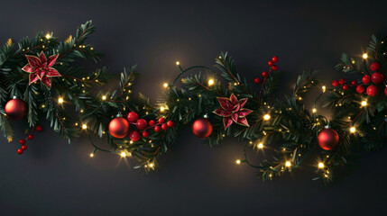 Aufkleber - Christmas garland with red baubles, holly berries and warm string lights glowing on black background