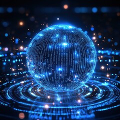 Poster - Futuristic Blue Digital Sphere with Binary Code and Glowing Particles.