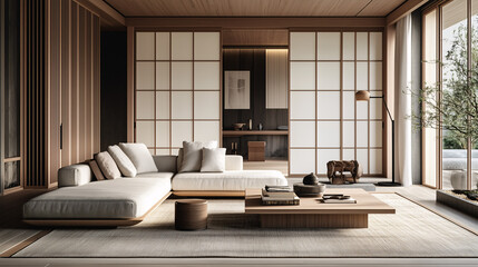 An elegant Japandi living room with sliding shoji screens, a low-profile couch, and a mixture of natural materials like wood and stone. Decorated with a few select books and a single lamp