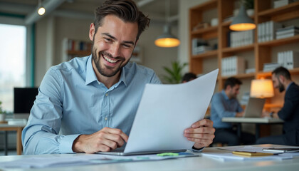 Smiling businessman working with documents and laptop in modern office