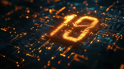 Poster - Glowing 3D Number 18 on Futuristic Circuit Board - Abstract Technology Background.