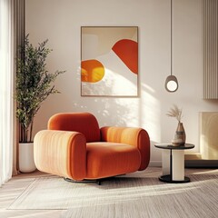 A minimal, modern living room interior with a large reddish-orange armchair as the focal point, a neutral color palette with warm accents, clean lines, a wall hanging with abstract geometric shapes in