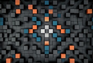 Poster - Abstract Pattern of Black, Orange, and Blue Cubes