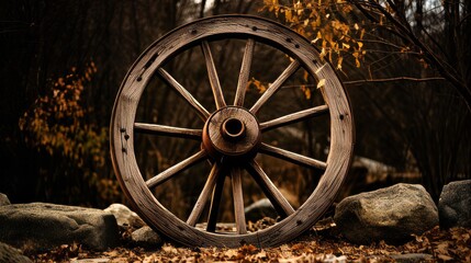 An old wooden wagon wheel leaning up in outdoor area. Neural network ai generated art