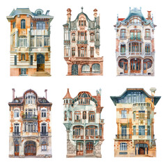 Canvas Print - PNG watercolor art nouveau house design element set, transparent background