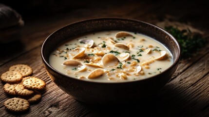 Wall Mural - Creamy Clam Chowder in a Rustic Setting