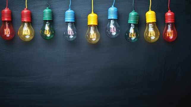 Colorful light bulbs suspended above a blackboard, representing bright ideas and innovation, ample space for text.