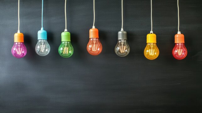 Colorful light bulbs suspended above a blackboard, representing bright ideas and innovation, ample space for text.