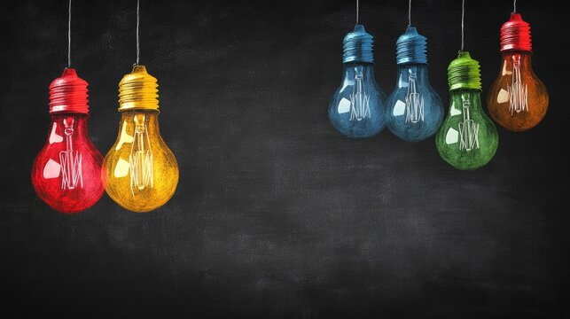 Colorful light bulbs suspended above a blackboard, representing bright ideas and innovation, ample space for text.