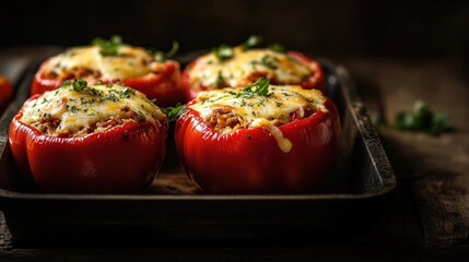 Wall Mural - Four stuffed red peppers with cheese and herbs